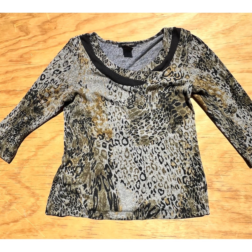Susan Lawrence Petite Leopard Print Top Grey Gold 3/4 Sleeve Blouse PM 104164
